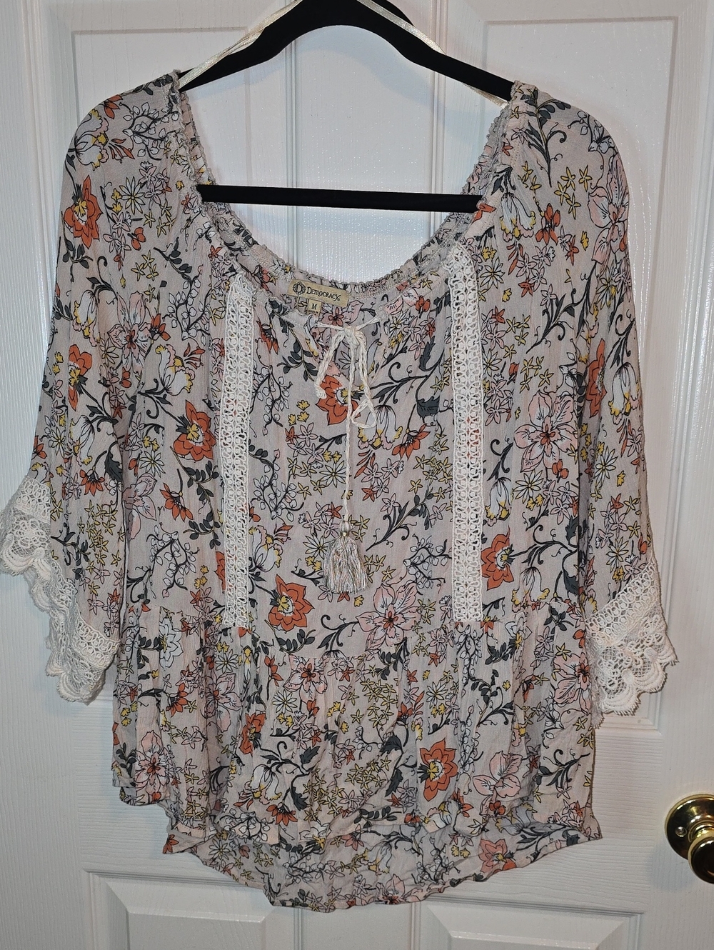 croft & barrow Cream Floral Lace-Trim Peasant Blouse with Orange Accents